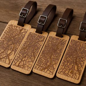 6 Wooden Luggage Tags Laser Engraved with Custom Map Design